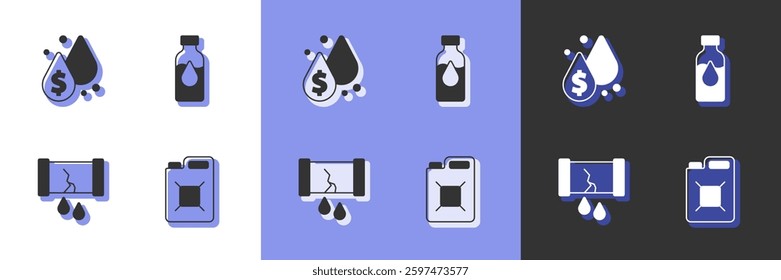 Set Canister for gasoline, Oil drop with dollar symbol, Broken oil pipe valve and petrol test tube icon. Vector