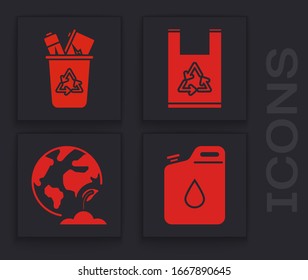 Set Canister for gasoline, Recycle bin with recycle symbol, Plastic bag with recycle and Earth globe and plant icon. Vector