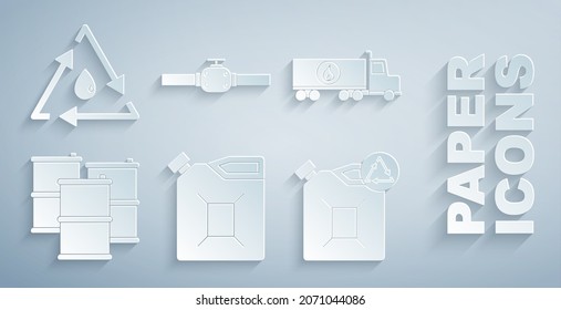Set Canister for gasoline, Tanker truck, Barrel oil, Eco fuel canister, Industry pipes and valve and Oil drop with recycle icon. Vector