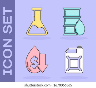 Set Canister for gasoline, Test tube and flask, Drop in crude oil price and Barrel oil icon. Vector