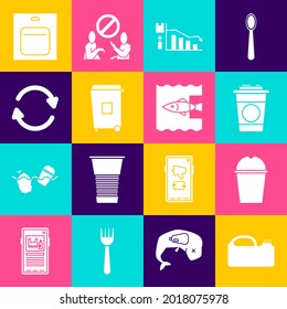 Set Canister for machine oil, Paper glass water, Ecology infographic, Trash can, Refresh, Battery pack and Stop ocean plastic pollution icon. Vector