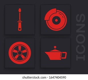 Set Canister for motor machine oil, Screwdriver, Car brake disk with caliper and Car wheel icon. Vector