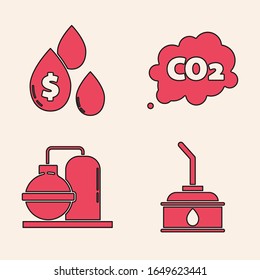 Set Canister for motor machine oil, Oil drop with dollar symbol, CO2 emissions in cloud and Oil and gas industrial factory building icon. Vector