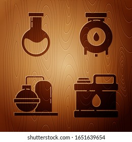 Set Canister for motor machine oil, Test tube and flask, Oil and gas industrial factory building and Oil and gas industrial factory building on wooden background. Vector