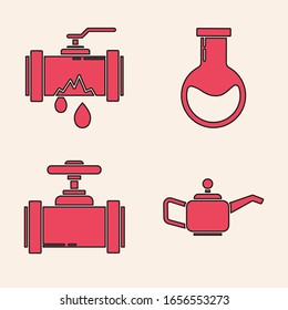Set Canister for motor machine oil, Broken metal pipe with leaking water, Test tube and flask and Industry metallic pipes and valve icon. Vector