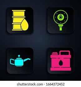 Set Canister for motor machine oil, Barrel oil, Canister for motor machine oil and Motor gas gauge. Black square button. Vector