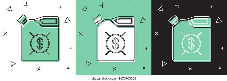 Set Canister for motor machine oil icon isolated on white and green, black background. Oil gallon. Oil change service and repair. Engine oil sign.  Vector Illustration