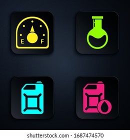 Set Canister for motor machine oil, Motor gas gauge, Canister for gasoline and Test tube and flask. Black square button. Vector