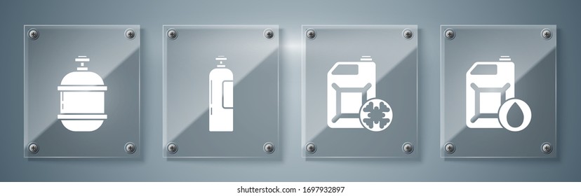 Set Canister for motor machine oil, Antifreeze canister, Industrial gas cylinder tank and Propane gas tank. Square glass panels. Vector