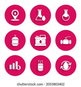 Set Canister for motor machine oil, Propane gas tank, Oil drop, Industry metallic pipes and valve, Pie chart infographic dollar, Test tube flask and Refill petrol fuel location icon. Vector