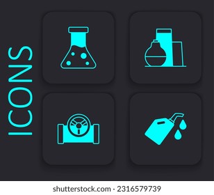 Set Canister for motor machine oil, Oil petrol test tube, tank storage and pipe with valve icon. Black square button. Vector
