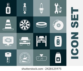 Set Canister for motor machine oil, Car key with remote, brake disk caliper, spark plug, Alloy wheel car, Traffic cone,  and air filter icon. Vector