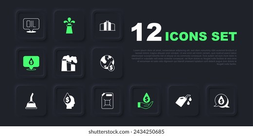 Set Canister for motor machine oil, Oil drop with dollar symbol, and gas industrial factory, rig and gasoline icon. Vector