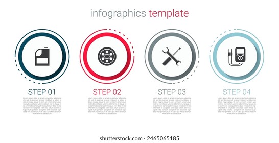 Set Canister for motor machine oil, Alloy wheel, Screwdriver and wrench spanner and Multimeter. Business infographic template. Vector