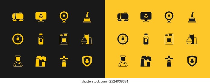 Conjunto de bote para aceite de máquina de motor, aceite y gas fábrica industrial, gasolina, plataforma, tubo de prueba de gasolina, indicador de motor, cisterna de ferrocarril y caída con icono de símbolo de dólar. Vector