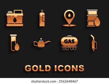 Set Canister for motor machine oil, Barrel, Gasoline pump nozzle, railway cistern, Oil petrol test tube, Refill fuel location,  and Industrial gas cylinder tank icon. Vector