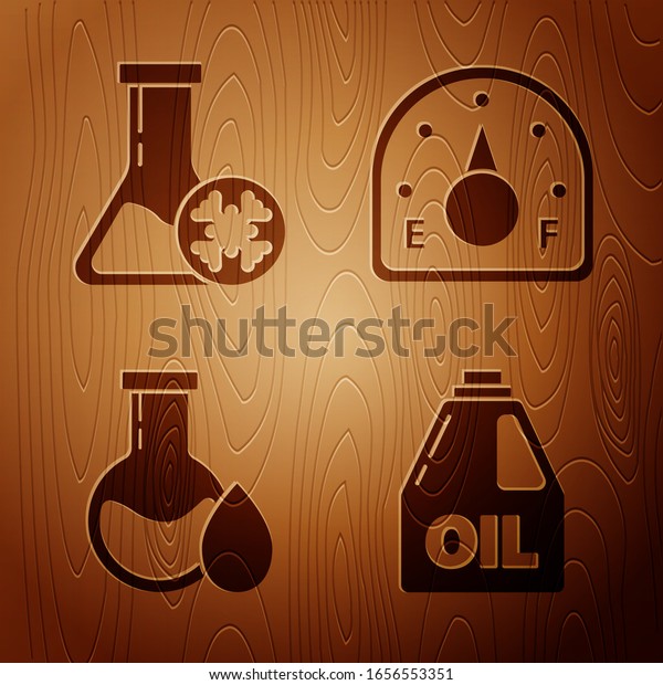 Set Canister for motor machine oil, Antifreeze\
test tube, Oil petrol test tube and Motor gas gauge on wooden\
background. Vector