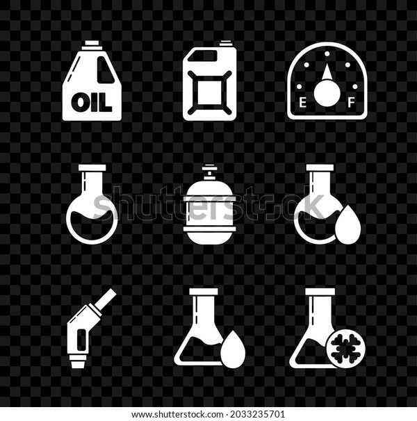 Set Canister for motor machine\
oil, gasoline, Motor gauge, Gasoline pump nozzle, Oil petrol test\
tube, Antifreeze, Test and flask and Propane tank icon.\
Vector