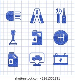 Set Canister for motor oil, Car service, battery, Gear shifter, Screwdriver and wrench spanner and High beam icon. Vector