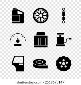 Set Bote para aceite de motor, rueda de coche, amortiguador, puerta, cinta escocesa, engranaje, velocímetro y Filtrar de aire icono. Vector