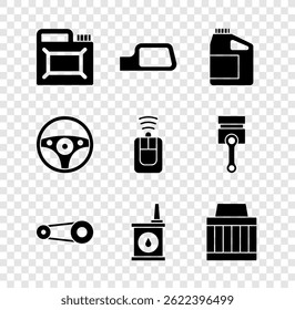 Set Canister for motor oil, Car mirror, Timing belt kit, air filter, Steering wheel and key with remote icon. Vector