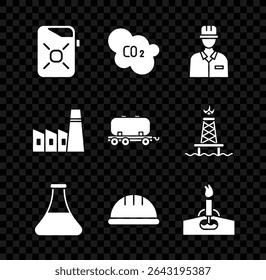 Set Canister for motor oil, CO2 emissions in cloud, Oilman, petrol test tube, Worker safety helmet, rig with fire, industrial factory building and railway cistern icon. Vector