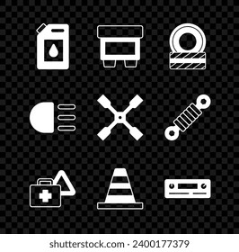 Set Canister for motor oil, Fuse, Car tire wheel, First aid kit and warning triangle, Traffic cone, Audio, High beam and Wheel wrench icon. Vector