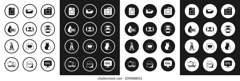 Set Canister for motor oil, Gas tank vehicle, Oil drop, tanker ship, petrol test tube and rig icon. Vector