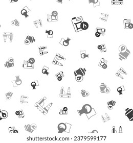 Set Canister for motor oil, Oil petrol test tube, Propane gas tank and platform in the sea on seamless pattern. Vector