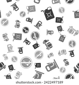 Set Canister for motor oil, Petrol or gas station, Tanker truck and No Smoking on seamless pattern. Vector