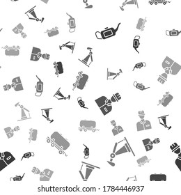 Set Canister for motor oil, Oil pump or pump jack, Oilman and Oil railway cistern on seamless pattern. Vector