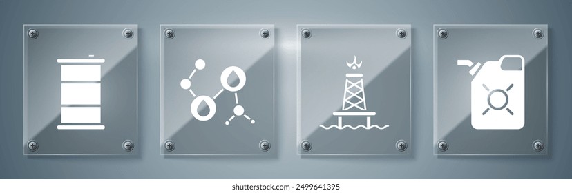 Set Canister for motor oil, Oil rig with fire, Molecule oil and Barrel oil. Square glass panels. Vector