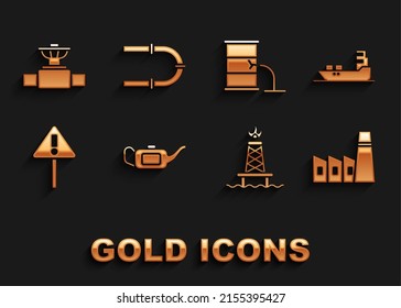 Set Canister for motor oil, Oil tanker ship, industrial factory building, rig with fire, Exclamation mark triangle, Barrel leak, Industry pipe and valve and  icon. Vector