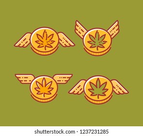 Set of cannabis coin with wings in various styles, vector icons