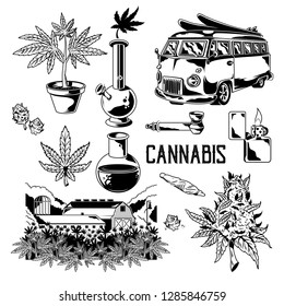 Set Cannabis Elements Devices For Smoking Marijuana Leaves Of Weed Hemp. Vintage Drawing Of Cannabis Natural Farm Bong Joint Retro Travel Car. Illustration For Poster Sticker Patch Logo Print T Shirt.