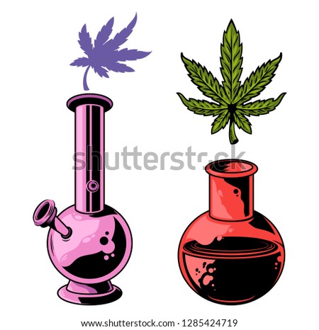 Set Cannabis elements devices for smoking marijuana leaves of weed hemp bong and flask with hemp extract. Vintage drawing of natural cannabis Illustration for poster sticker patch logo print t shirt.