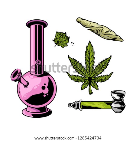 Set Cannabis elements devices for smoking marijuana leaves weed hemp lighter smoking tube bong joint with hemp. Vintage drawing of natural cannabis Illustration poster sticker patch logo print t shirt