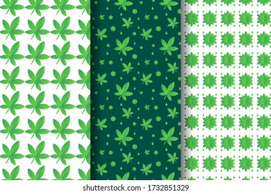 Set of Cannabis or Hemp Leaf Seamless pattern with Green Color, Great for backgrounds in white or green colors, fabrics, wrapping paper. 