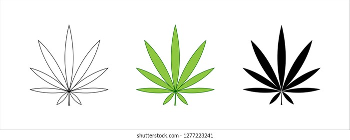 Set of cannabis leaf icon. Outline leaf of cannabis, flat black and green leaf. Marijuana sign. Marijuana logo, line style. Template for medical cannabis or cannabis oil. Vector illustration