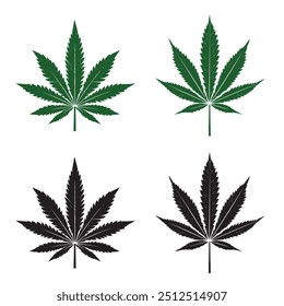 Conjunto de ilustraciones de hojas de cannabis en verde y negro, aisladas sobre fondo blanco. CBD Cannabidiol marihuana icono, hierbas medicinales. Para diseño botánico y medicinal