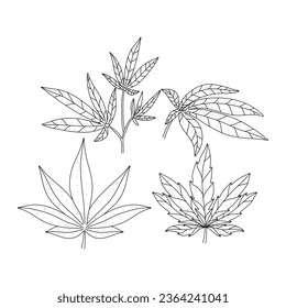 Conjunto de dibujos de doodles de hojas de cannabis aislados en fondo blanco