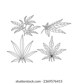 Conjunto de dibujos de doodles de hojas de cannabis aislados en fondo blanco