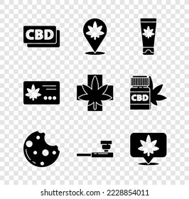 Set Cannabis molecule, Location and marijuana, Medical cream with, Cookies, Smoking pipe, cannabis, Calendar leaf and or icon. Vector