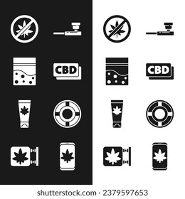 Fijar molécula de cannabis, bolsa de plástico de cannabis, Parar marihuana o hoja, Fumar, Crema médica con, Ashtray, Móvil y Marihuana icono de la tienda. Vector