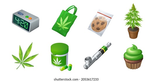 Set Of Cannabis Production And Equipment, Bag With Marijuana Leaf, Cookie In Plastic Pack, Vaporizer Or Smoking Tube, Pills Bottle, Timer, Plant In Pot, Cupcake. Cbd Products, Cartoon Vector 3d Icons