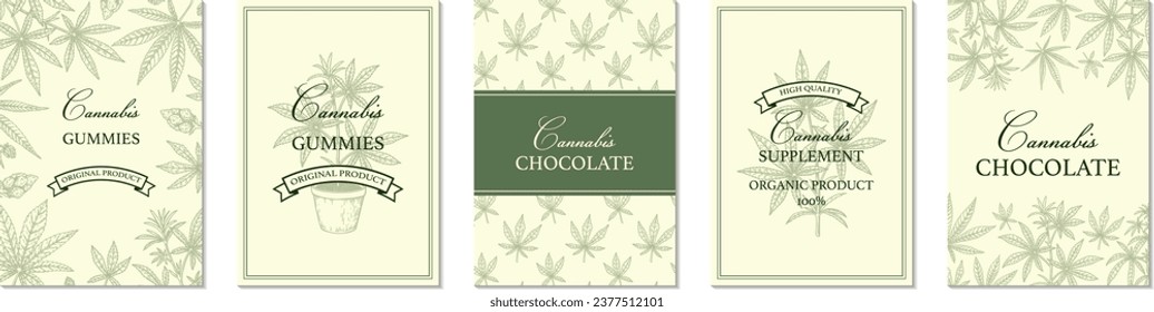 Set von Cannabis vertikalen Designs für Verpackungen, Social-Media-Posts, Dekoration von Lagern, Branding, Zertifikate. Marijuana Vektorgrafik im Skizzenstil. Hanf-gravierter Hintergrund