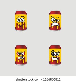 Set of canned doodle drinks, expressions happy, confused, sad, angry, funny, happy, lol, vector illustration