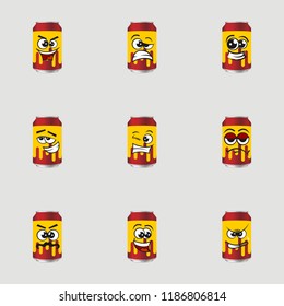 Set of canned doodle drinks, expressions happy, confused, sad, angry, funny, happy, lol, vector illustration