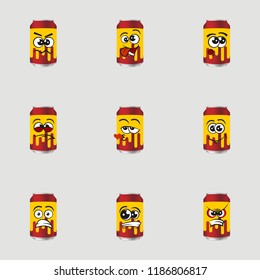 Set of canned doodle drinks, expressions happy, confused, sad, angry, funny, happy, lol, vector illustration