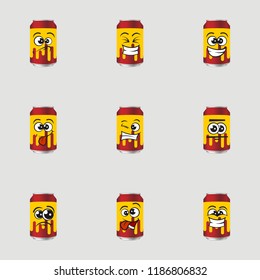 Set of canned doodle drinks, expressions happy, confused, sad, angry, funny, happy, lol, vector illustration